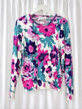 Vintage Karen Scott Bold Oversized Floral Print Long Sleeve Retro Knit Sweater